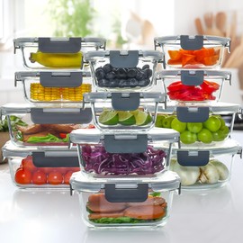 UMEIED 12 PACK Glass Food Storage Containers with Leak Proof Lids, Glass Airtight Meal Prep Containers Set for Lunch, On the Go, Leftover, Kitchen Pantry Organizers and Storage (Grey)