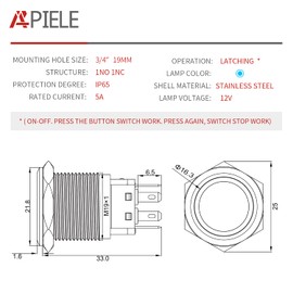 APIELE Latching Push Button Switch 19mm 12V- 24V DC LED SPDT 1NO1NC Stainless Steel Metal Push Button Switch with Pigtail 6PCS (Silver Shell-Blue, 19MM)