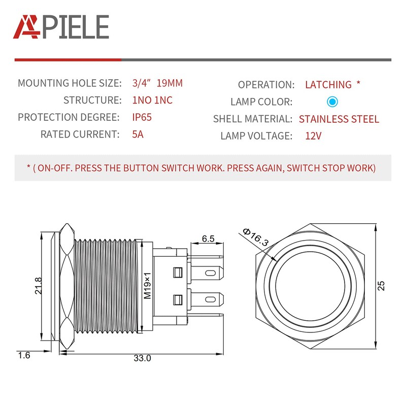 APIELE Latching Push Button Switch 19mm 12V- 24V DC LED