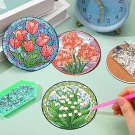 Diamond Art Coasters-8 PCS Flowers Diamond Painting Coasters Kits with Holder, DIY Sunflowers Coaster Kit for Adults Art Craft Supplies Gift
