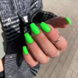 Neon Green Press on Nails Medium Coffin Fake Nails Press ons, KXAMELIE False Nail Medium Length Glue on Nails Natural Thick Long Acrylic Nail Coffin 24Pcs for Women