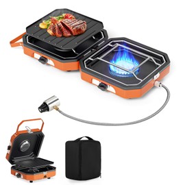 Adjustable 2 Burner Propane Camping Stove With Grill and Carry Bag, 16,000 BTU Foldable Camp Stove, Flame-out Protection, Camping Stove for BBQ/Tailgating, Orange