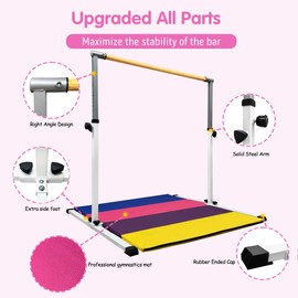 XDEMODA The Latest Model Gymnastics Bar for Kids Ages 3-15 for Home, Anti-Slip, Easy to Assemble, 35” to 55” Adjustable Height Gymnastic Horizontal Bars Equipment (Gym bar with mat, White)