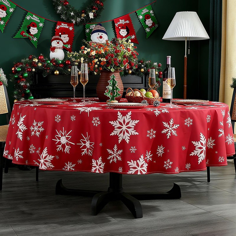 Round Christmas Tablecloth Winter Table Cloth with Snowflake Decorations, Heavy