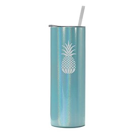 20 oz Skinny Tall Tumbler Stainless Steel Vacuum Insulated Travel Mug Cup With Straw Pineapple (Light Blue Iridescent Glitter)