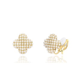QUKE Four-leaf Clover Shape Simulated Pearl Golden Clip On Stud Earrings Non Pierced Ear Earrings for Women Girls
