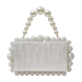 Acrylic Evening Handbag Marble Box Clutch Purse Women Beaded Party Prom Cocktail Bag(White)