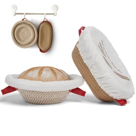 VONATES Bread Proofing Basket Set, 9" Round Cotton Rope Bowl + 10" Oval Cotton Rope Bowl with Liner and Cover, Sourdough Starter Kit Gift for Home Bakers