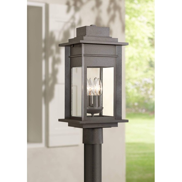 Franklin Iron Works Bransford Rustic Outdoor Post Light Fixture Black Specked Gray 19 1/2" Clear Glass Decor Exterior House Porch Patio Outside Deck Garage Yard Garden Driveway Home Lawn Walkway