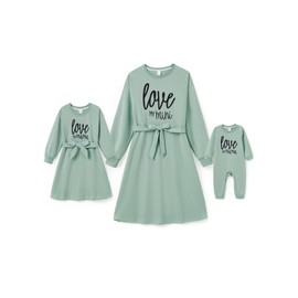 PATPAT Mother Daughter Dress Set Plain Letter Print, Partner Look Mum Baby Clothing, Long Sleeve Family Outfit Set for Family and Friends, Green