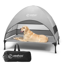 Veehoo Outdoor Dog Bed with Canopy, Cooling Elevated Pet Cot with Removable Shade, Non-Slip Feet, Raised Dog Cot for Large Dogs, Pet Tent Bed for Camping, Beach, Large, Grey, CWC2411