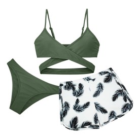 Happy Cherry Teen Bathing Suits for Girls 12-13 Cute High Waisted Swimsuits Kids Tropical Floral 3 Piece Swimwear Set