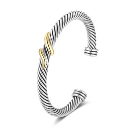 POWNOOL Twisted Cable Bracelets for Women - Two Tone Cuff Wire Bangle Bracelet - Silver Cuff Knot Vintage Style Jewelry Gift for Her