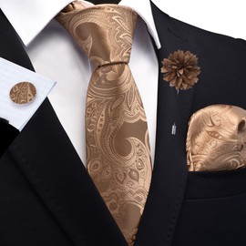 GUSLESON Khaki Paisley Tie Mens Silk Wedding Brown Necktie Pocket Square Cufflinks and Lapel Pin Set (6111-03)