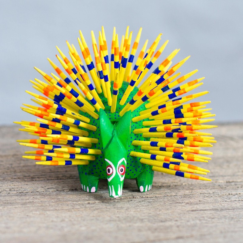 NOVICA Artisan Handmade Copal Wood Alebrije Yellow Green Porcupine Sculpture