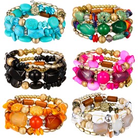 Misdary 6 Pcs Boho Multilayer Irregular Agate Beads Charm Bracelets Vintage Yoga Turquoise Bangles Boho Jewelry for Women (Nature Color)