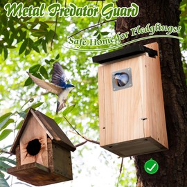 Dreyoo Cedar Bluebird Box Houses for Outside, 1-1/2'' Entrance Hole Wooden Bird Houses with Metal Guard, Secure Latch, Fledgling Grooves, Air Vents for Bluebird Wren Swallow(2 Pack)