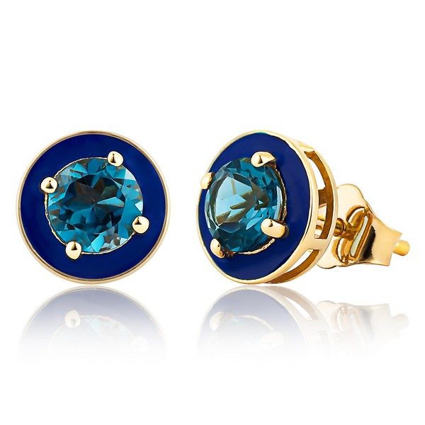 Studded 14KT Gold Earrings with London Blue Topaz & Blue