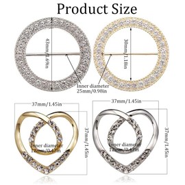 MWUMRCM Pack of 4 Heart Scarf Brooches, Crystal Silk Scarf Buckle Women Shawl Scarves Fastener Hem Knotted Button Rhinestone Metal Buckle Scarf Fashion Clasp Scarf Ring Brooch with Rhinestones, Metal