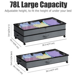 78L XXL Underbed Storage with Wheels, 2-Pack Larger Rolling Under Bed Storage Containers with Clear Window & Labels, 11" Adjustable Height Under Bed Drawers with Wheels for Clothes, Shoes, Toys(Grey)