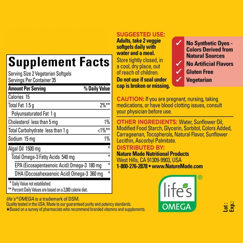 Nature Made Algae Omega 3 540 mg Softgels Plant Based