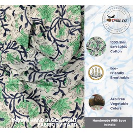 Hand Block Print 100% Cotton Fabric by The Yard PRECUT 1 Yard 42 Inch Width for Dressmaking & Crafting – Soft Cotton Quilting Fabric for Sewing (Seafoam Navy Blue Floral Print, 1 Yard Pre Cut)