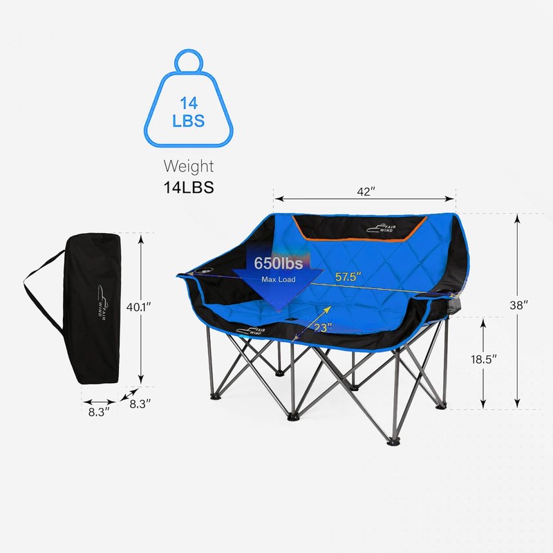 FAIR WIND Oversized Fully Padded Camping Chair Folding Loveseat Camping