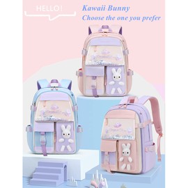 Kawaii Bunny Primary Girls Backpacks Elementary School Bags Bookbags with Refrigerator Front Pocket, Blue-Large
