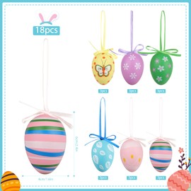 Jangostor Pack of 50 Painted Plastic Eggs, 2 Sizes for Hanging Easter Egg Decorations with Different Style Dots, Stripes, Flowers for Tree, School, Home, Office, Party Accessories, Easter Day