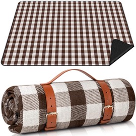 ADRIMER Large Picnic Blanket, Outdoor Waterproof Picnic Mat, Portable Sandproof Beach Blanket Mat for Family, Park, Camping, Hiking, 59" x 79", Coffee & White
