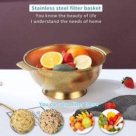 Kyraton Gold Colander 28.5cm, Professional Titanium Gold Plating Stainless Steel Strainer with Heavy Duty Handles and Self Draining Solid Ring Base, Easy Clean and Dishwasher Safe