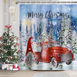 DASHAN Christmas Winter Shower Curtain Xmas Gnome Red Truck Shower Curtains for Bathroom Decorations Christmas Trees Snow Bathroom Curtain Blue Xmas Snowman Waterproof Fabric Bath Curtain 72"x72"