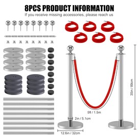 kaiyomi 8Pcs Stanchions Posts with Red Velvet Ropes Set, 5 Feet Crowd Control Barrier Kit for Red Carpet Party Decoration and Ribbon Cutting Ceremony (Silver)