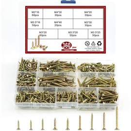 360 Pcs Small Wood Screws Assortment Kit, M3/M3.5/M4 Flat Head Self-Tapping Screws Assortment Kit Phillips Drive Self Tapping Screw for Thin Metal Wood Plastic