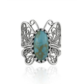 Filigranist Sterling Silver Filigree Art Butterfly Women Cocktail Ring with Gemstones (Turquoise, 8)