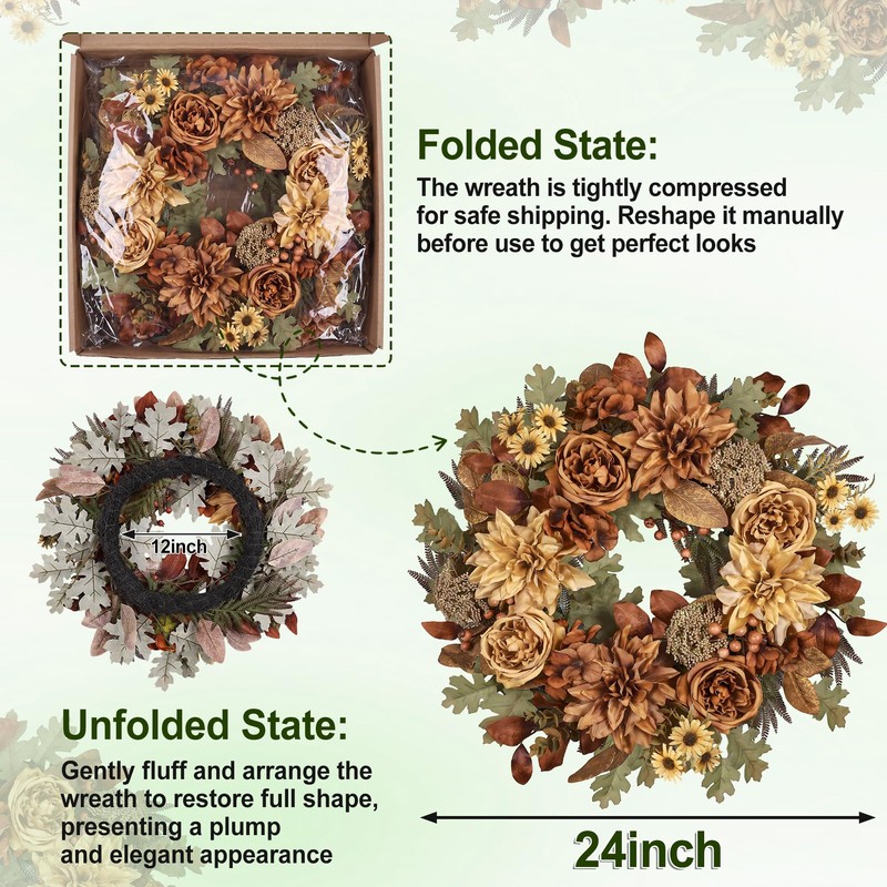 MDSTBN 24in Fall Wreaths for Front Door Artificial Autumn Wreath