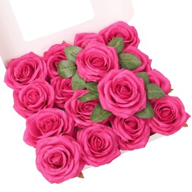 NEVISI Artificial Flower Fake Rose Silk Rose 16Pcs Real Looking Fake Flowers with Stems for DIY Wedding Bouquets Tables Centerpieces Floral Arrangements Festival Decoration (Hot Pink)