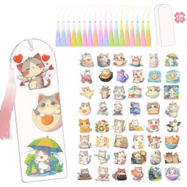 20PCS Acrylic DIY Bookmark Craft Kit with 20 Blank Bookmarks, 50 UV DTF Stickers & 20 Gradient Ribbons - Creative Design Gift for Kids & Adults | Decal Sticker Art (Cat)