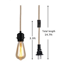 15Ft Pendant Light Cord, Hanging Light Kit with Switch Plug,Vintage Gold Woven Fabric Rope Pendant Lights Socket Set E26 for Extension Hanging Pendant Lamp Farmhouse Lamp Cable (Gold)