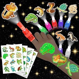 72 PCS Reptile Party Favors – 48 PCS Luminous Tattoos & 24 PCS LED Finger Lights Combo – Birthday Goodie Bag Fillers, Party Supplies, Gifts Light Up Toys Glow In The Dark for Boys and Girls