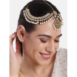 Aheli Indian Traditional Bollywood Faux Pearls Maang Tikka Matha Patti Gift for Women Jewelry White