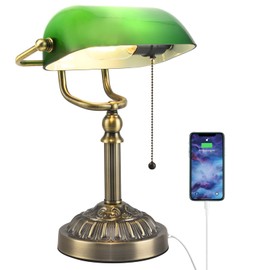Rizzyluz Green Glass Bankers Desk Lamp, Vintage Desks Lamp with USB Charging Port, Traditional Banker's Lamp, Mid Century Desk Lamp Pull Chain for Home Office Library