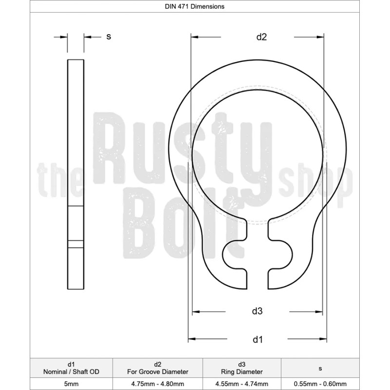 The Rusty Bolt Shop 5mm, External Circlip, Carbon Steel, Retaining