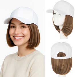 MY-LADY Hat Wig Hat with Hair Attached for Women Baseball Cap with Hair Extensions Adjustable Short Straight Synthetic Hairpiece 6" White Cap to 10P22T