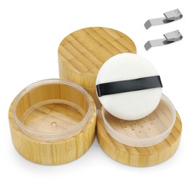 Modixun 2 Pack Bamboo Loose Powder Container with Puff, 30ml Empty Dusting Powder Container Body Face Makeup Jar Case with Sifter and Screw Lid for Daily & Travel