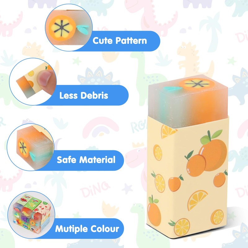 9pcs Plastic Rubber Erasers, Cute Fruit Eraser, Cube Dinosaur Erasers,