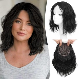 Ms Taj 11 Inch Short Wavy Hair Topper for Women with Thinning Hair, Natural Synthetic Lightweight & Breathable Hairpiece with 6.5"x6.5" Base, Instantly Adds Volume and Coverage（Natural Black）
