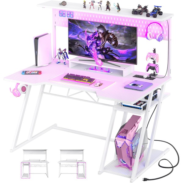 Gaming Computer Desk with Power Outlets, Gaming Desk with Hutch