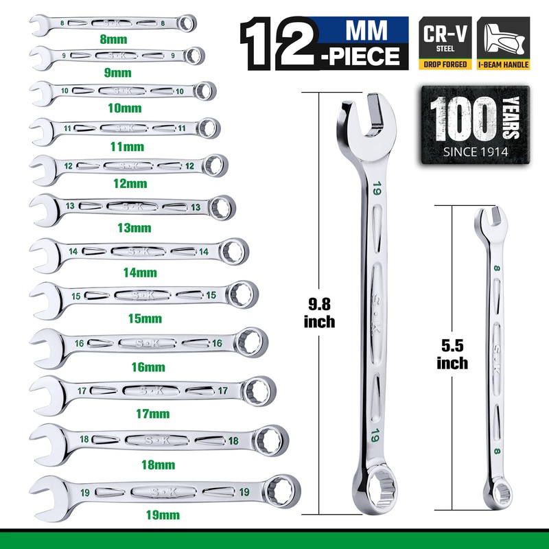 SK Combination Wrench Set, Metric 8 to 19mm, 12-Piece, SuperKrome