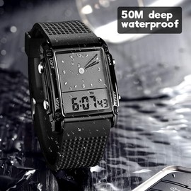 FANMIS Men's Waterproof Rectangle Dial Analog Digital Wrist Watch with Five LED Backlight Color Black